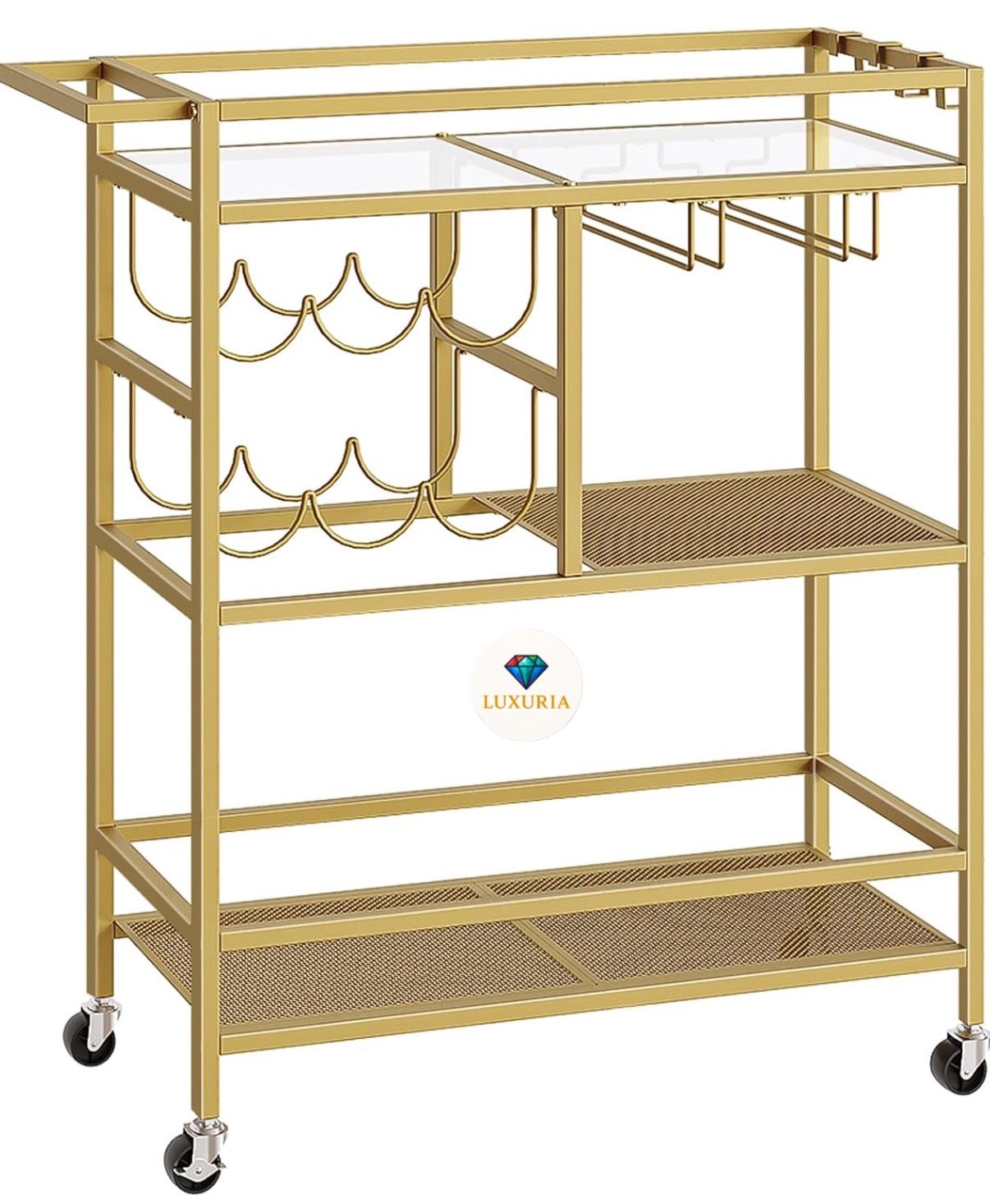 [SALE] Gold Bar Cart – 3-Tier Rolling Beverage Station with Wine Rack & Glass Holders