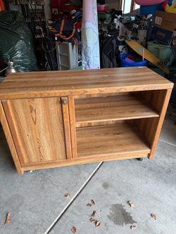 Oak Wood TV Stand with Cabinet and Shelves