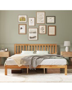 12 Inch King Size Bed Frame Wooden King Bed Frame and Headboard, King-Size BedFrame with Headboard Natural Bed Foundation, No Box Spring Needed, Easy 