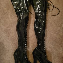 Women's Soft Vinyl Lace-Up High Heel Thigh High Boots - Sz. 8