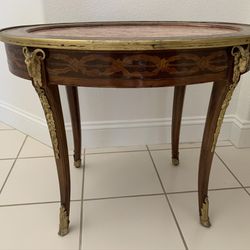 Antique Oval Inlaid Wood, Marble Oval And Bronze Table