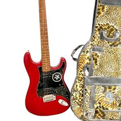 Squier Stratocaster Guitar by Fender Candy Apple Red And Leopard Case