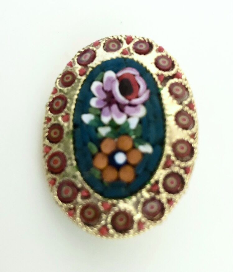 Vintage Italian Micro Mosaic Pin Brooch Glass Tiles Floral Gold Colorful Jewelry