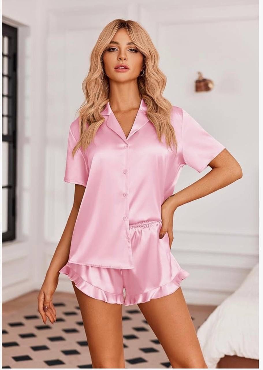 Ekouaer Womens Satin Pajamas Set Button Down 2 Piece Silk Pjs Shorts Set Ruffle Lingerie Notch Collar Sleepwear. Size: S
