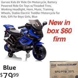 New in box Garvee Kids 6V Ride On Motorcycle, Battery Powered Ride On Toys w/Treaded Tires, Working Headlight, Horn, Music, Training Wheels, Stable El