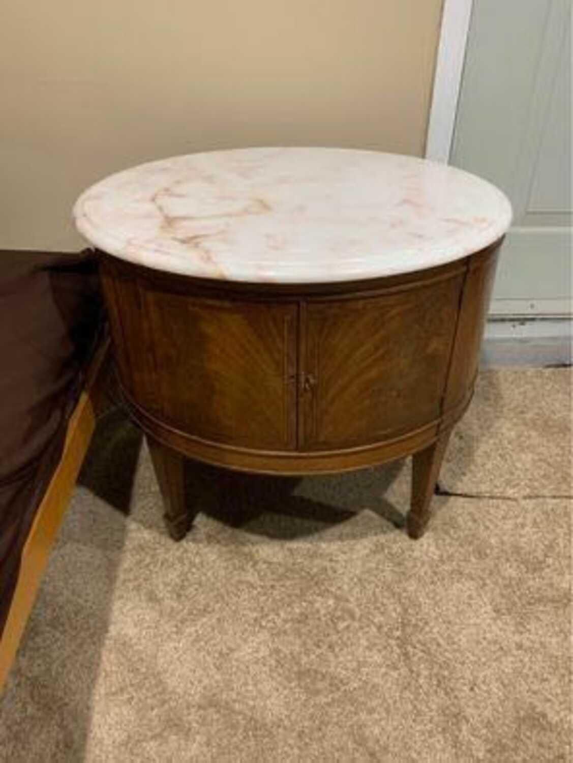 Antique Wooden Marble Top round, center/end table approx W26"H22"