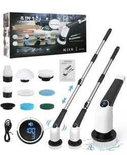 Electric Rotary Scrubber, Cordless Shower Cleaning Brush with 8 Replaceable Brush Heads, 3 Adjustable Speeds, Detachable and Extendable Long-Handle Sc