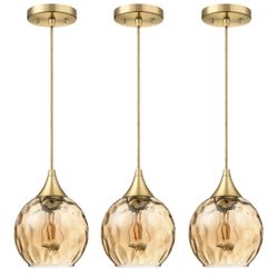 Amazon, Texture Amber Glass Pendant Light 3 Pack Pendant Ceiling Light Fixtures Gold Finish Modern Farmhouse Dinning Over Si