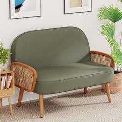 45" W Faux Leather Small loveseat with Natural Rattan Arms,Upholstered Modern Mini Sofa Couch Love Seat Settee Bench with Back for Living Room Bedroom