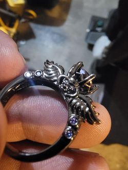 Gothic Skull Wing Ring with Purple Stones