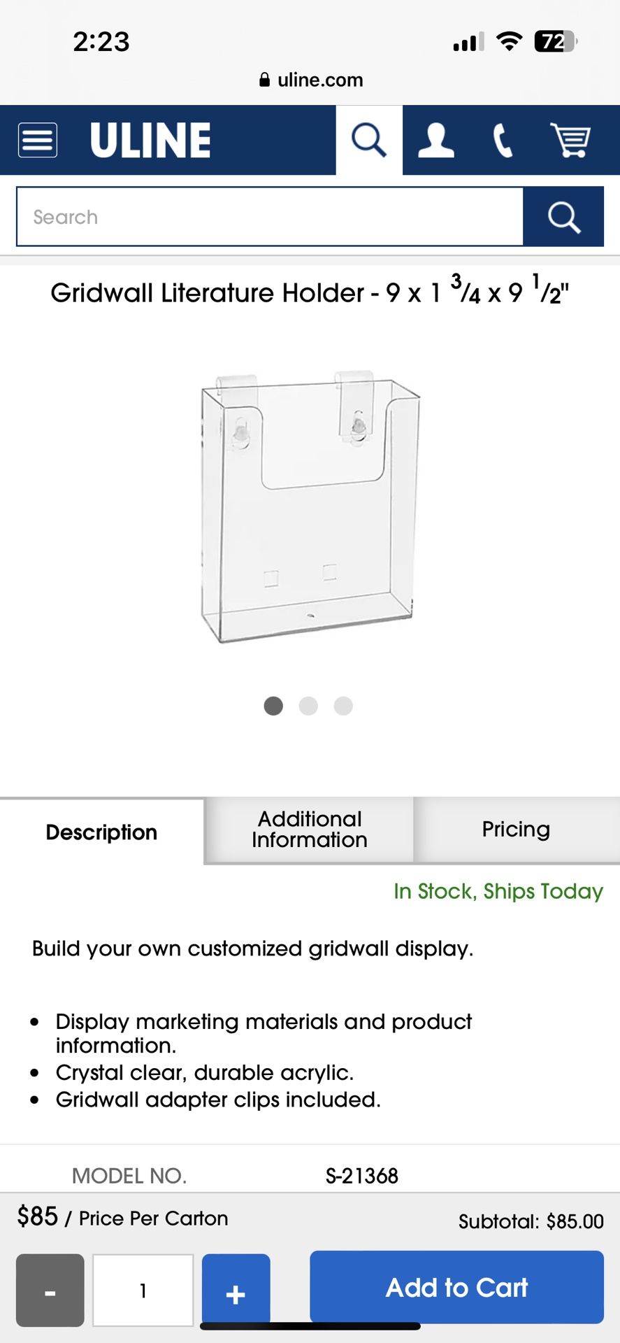Uline Hanging Acrylic Literature Holders