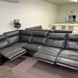 Furniture- 100% real top grain leather sectional with 3 power recliners- Gabrine