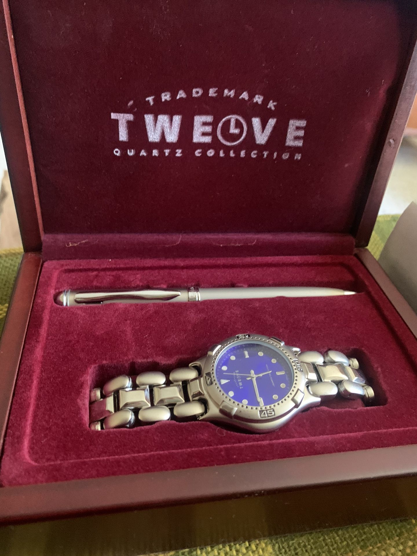 Trademark Twelve Quartz Watch And Pen Set In Wooden Box.