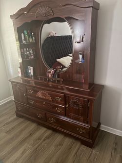 Wood Dresser with Mirror and Hutch