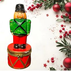 Vintage 1990s Porcelain Christmas Nutcracker On Red Drum Hinged Trinket Box, 5”