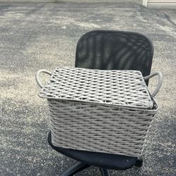 Heavy duty gray woven basket with flip lid & handles 13”T 23”L 13”D