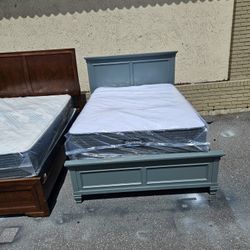 Full Size Solid Wood Bed Frame With Brand New Full Size Plush Memory Foam Casper Mattress And Box Spring In Plastic 