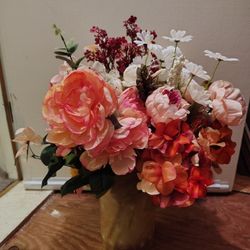 Original Artificial Flower Arrangement In Yellow Glass Vase