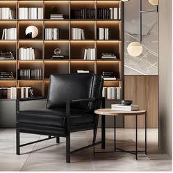 PU Leather Armchair, Retro Leisure Accent Chair with Extra Soft Padded and Cushion, Modern Reading Arm Chair with Black Metal Frame for Living Room/Of