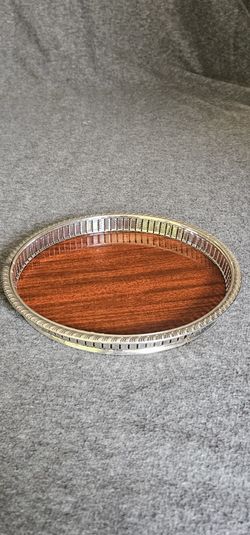 Vintage 10in Wood Grain Formica Brand Brown and Silver Bar Tray
