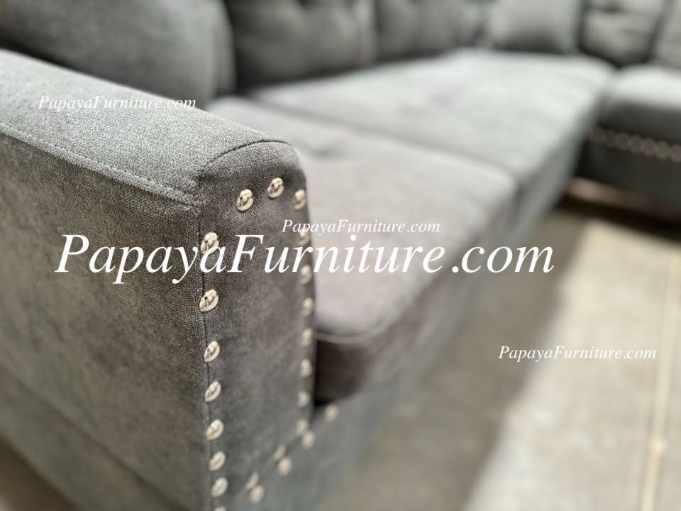 New Sectional Couch and Chaise Set Grey Fabric Nailhead Trim Sofa BIG SALE Seccional Furniture Warehouse Discount Clearance Closeout Gray