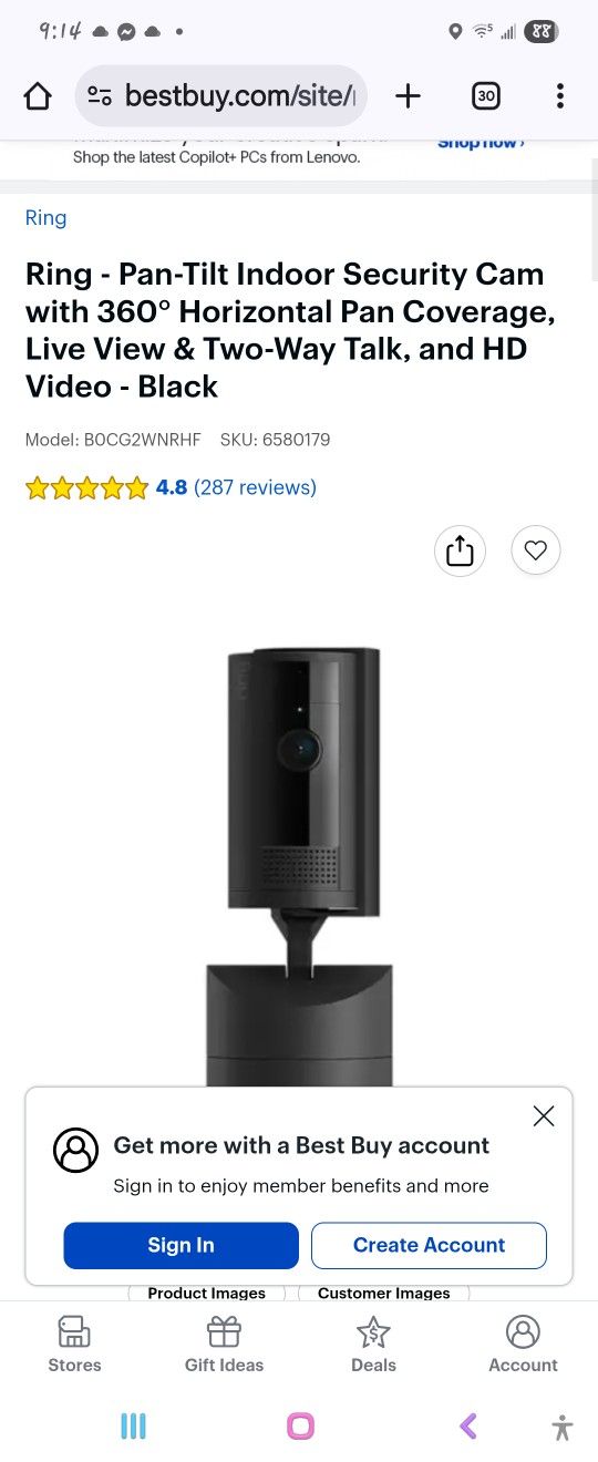 Ring - Pan-Tilt Indoor Security Cam with 360° Horizontal Pan Coverage, Live View & Two-Way Talk, and HD Video - Black