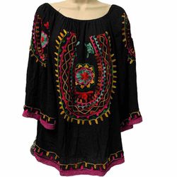 Adult Women Large Black Embroidered Floral Multicolor Shirt Blouse Mexican