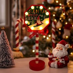 Christmas Santa Stop Here, Battery Powered LED Yard Stake Sign for Indoor (Green) NEW!