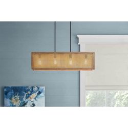 36 IN Beau 4-Light Matte Black Linear Chandelier with Natural Wood Finish Shade