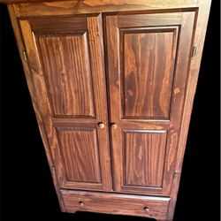 Stained Pine Armoire Wardrobe with 2 Shelves and Drawer