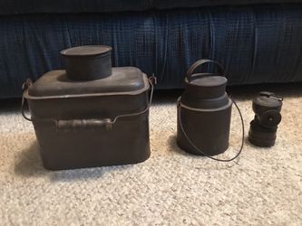 Late 1800s early 1900s lunch box thermos with Cole miners helmet