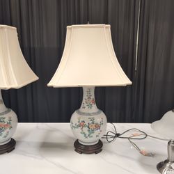 Antique Style Floral Ceramic Table Lamp with Wood Base
