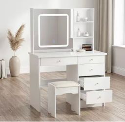 5-Drawers White Makeup Vanity Sets Dressing Table Sets with LED Dimmable Mirror, Stool and 3-Tier Storage Shelves
