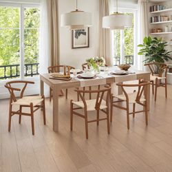 Set 6 Solid Wood Wishbone Dining Chair, Dining Room Chairs, Fully Assembled Handwoven Seat, Light Brown