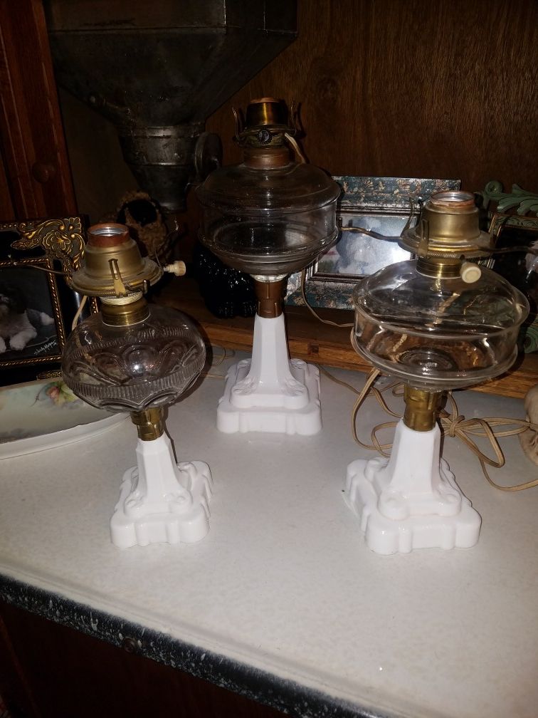 3 converted milk glass lamps. Very old