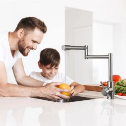 Cinwiny Deck Mount Pot Filler Faucet Hot and Cold Water Single Handle Countertop Double Joints 360° K12 N $40