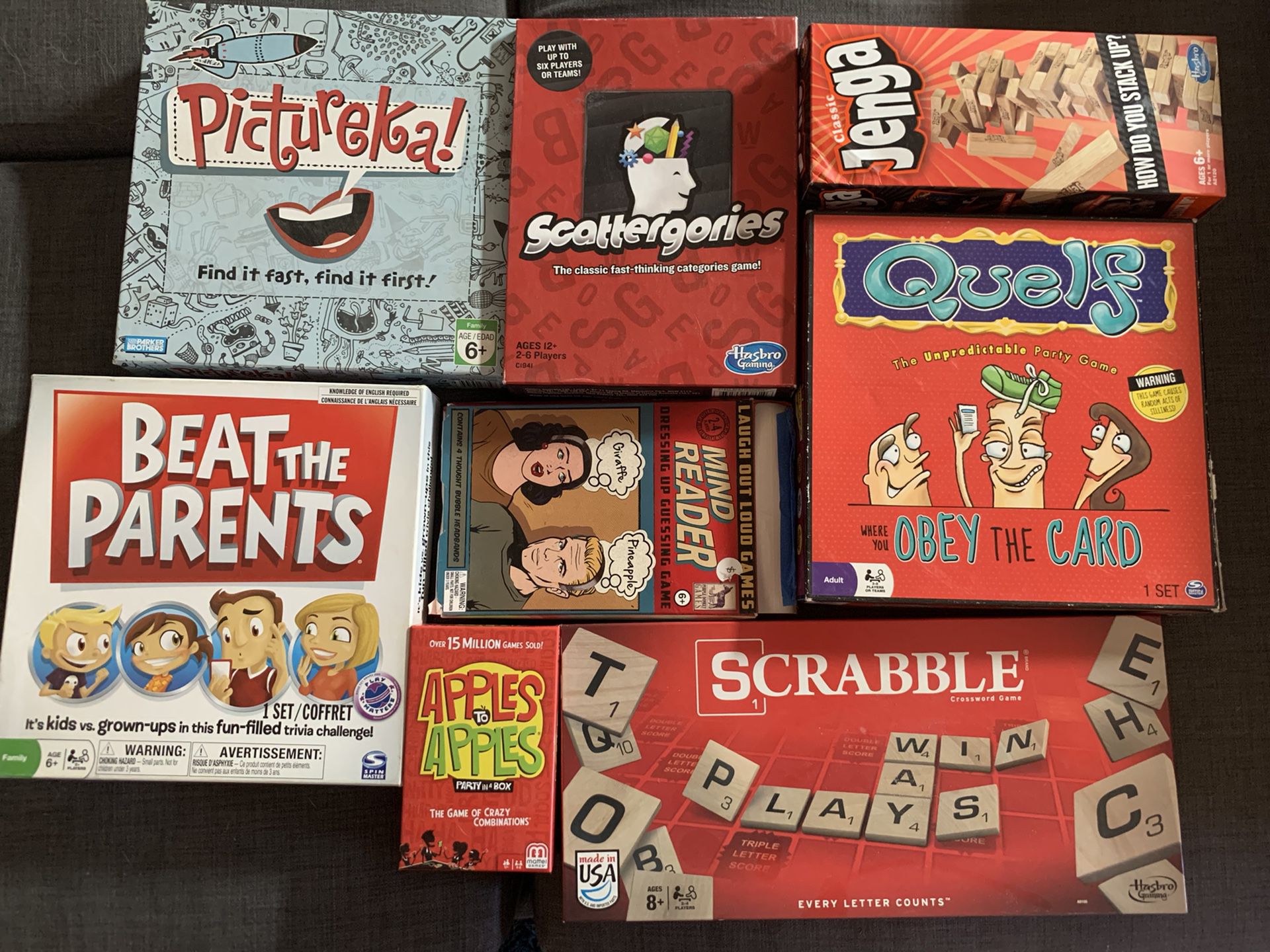 Board games - Apples to Apples, Scrabble, Scattergories, Jenga and more