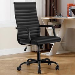 Office Chair, Ergonomic Executive Conference Room Chairs, Ribbed Leather Desk Chair with Lumbar Support, Adjustable Height Mid-Back Swivel Chair with