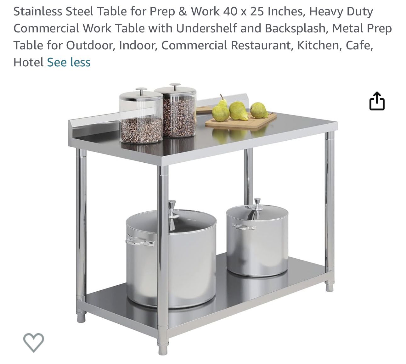 Stainless Steel Table for Prep & Work 40 x 25 Inches, Heavy Duty Commercial Work Table with Undershelf and Backsplash, Metal Prep Table for Outdoor, I