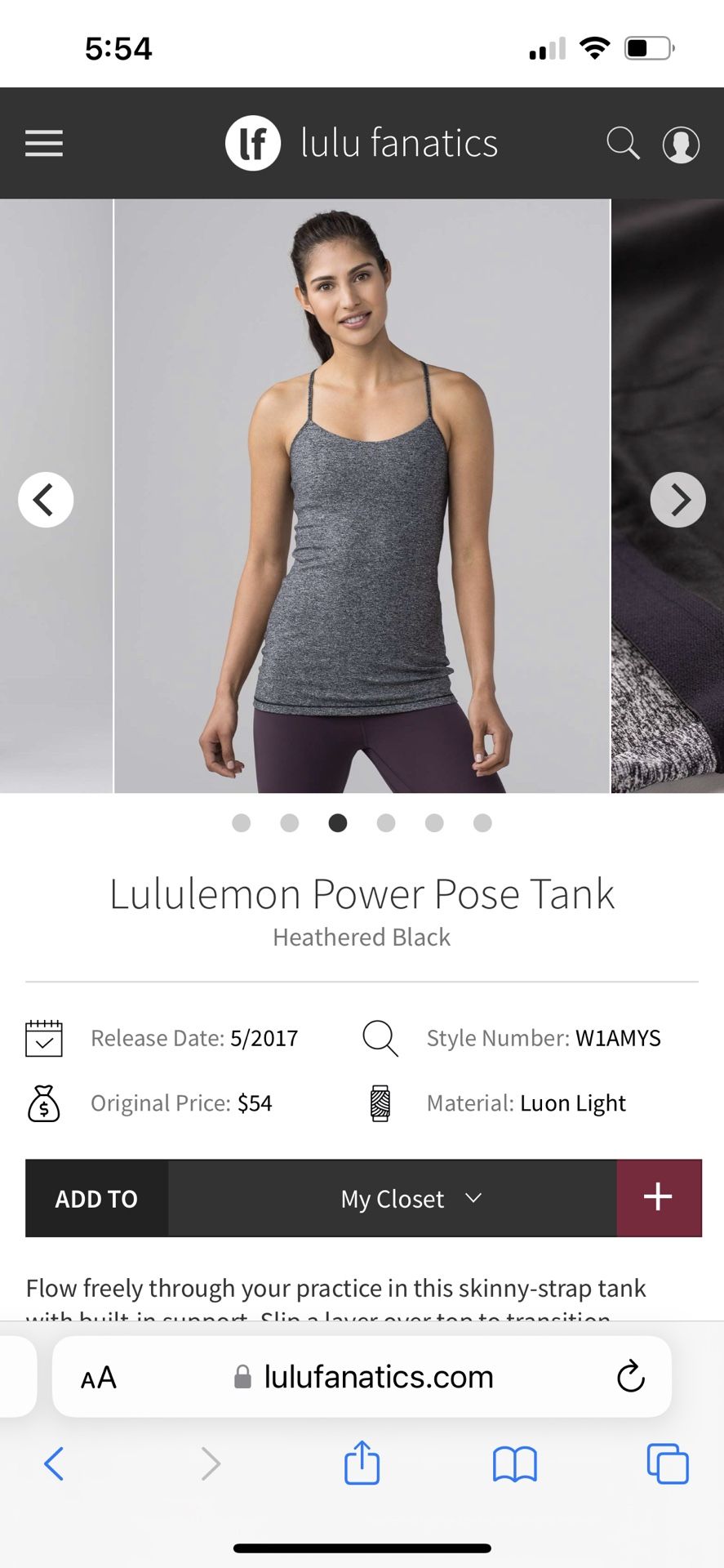 Lululemon Power Pose Tank Heathered Black Sz 4 No Padding
