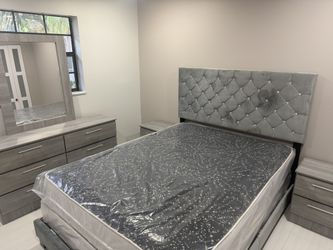 Queen Size Bedroom Set With Two Nightstand, Dresser, Mirror, And Mattresses Set. All New Furniture Free Delivery Free Installed 