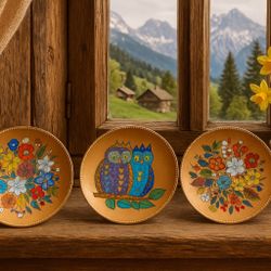 Brimmer-Email Austria 1960s 3 Enamel Trinket Dishes Owls Flowers Gold Tone, 6x1”