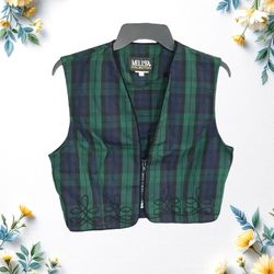 Melissa Collection Vintage Navy Green Black Zip Vest w Scrolling Women Size 8