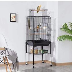 Open Top Rolling Parrot Bird Cage for Cockatiel Sun Parakeet Green Cheek Conure Mid-Sized Parrot Cage with Detachable Stand