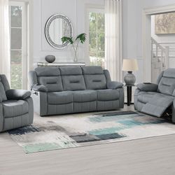Gray Velvet Sofa Set With Manual Recliners 