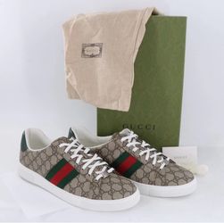 GUCCI 760775 Ace GG Supreme Beige/ Ebony Web Canvas Sneakers Size 13 (FPP012101)