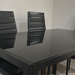 Dining Table Set with Metal Frame, Glass Tabletop, 6 Leather Padded Chairs,