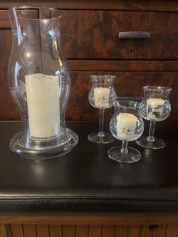 Glass Hurricane candle Lantern with 3 Matching Candle Holders