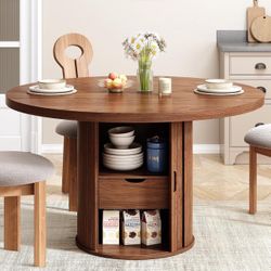 47 inch Round Dining Table for 4, Circle Kitchen Table with 2-Layer Storage Shelf and a Drawer