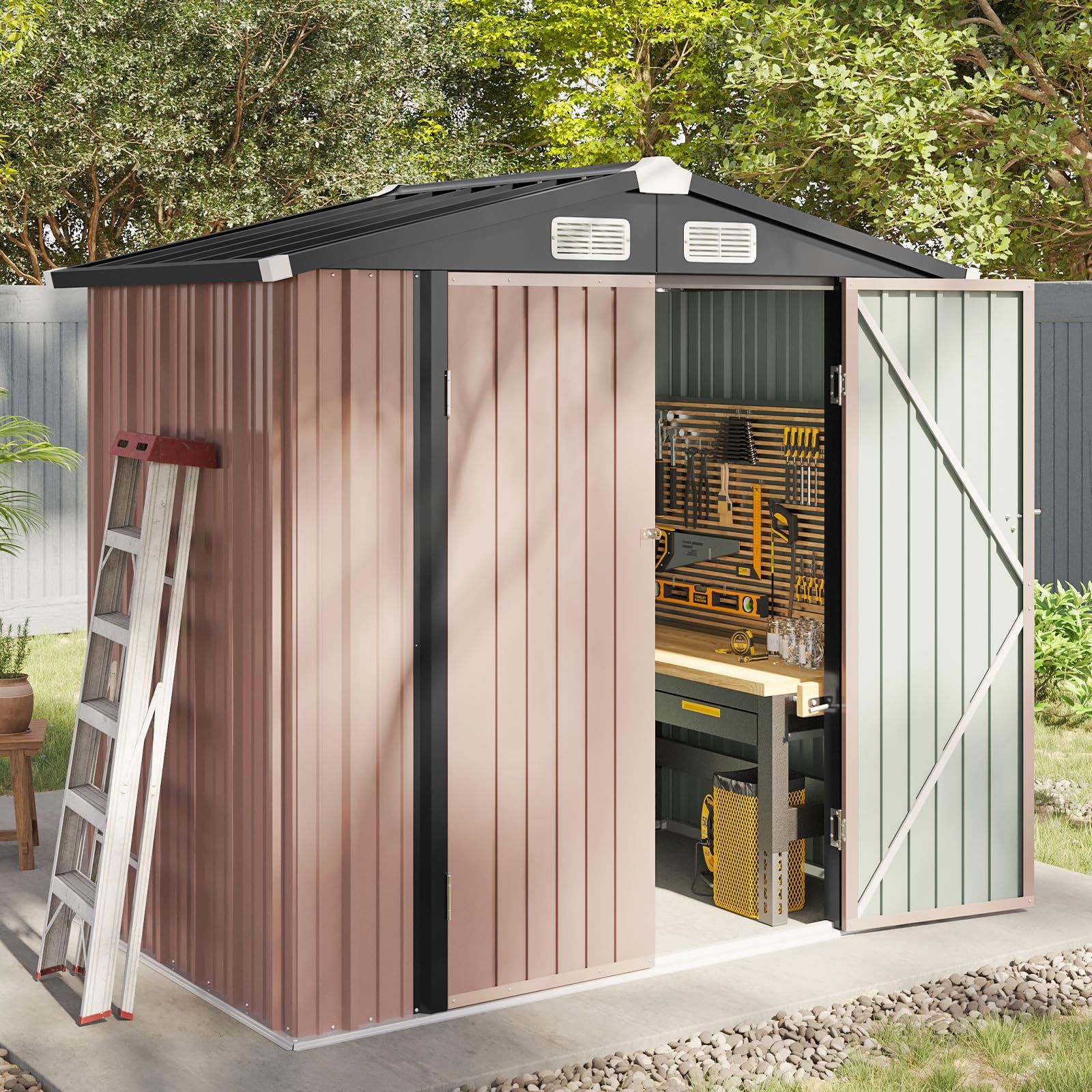 Aoxun 6.2x4 FT Shed Outdoor Storage Shed Metal Garden Shed with Lockable Doors & Slooping Roof Tool Shed Bike Shed for Backyard, Patio, Poolside (Brow